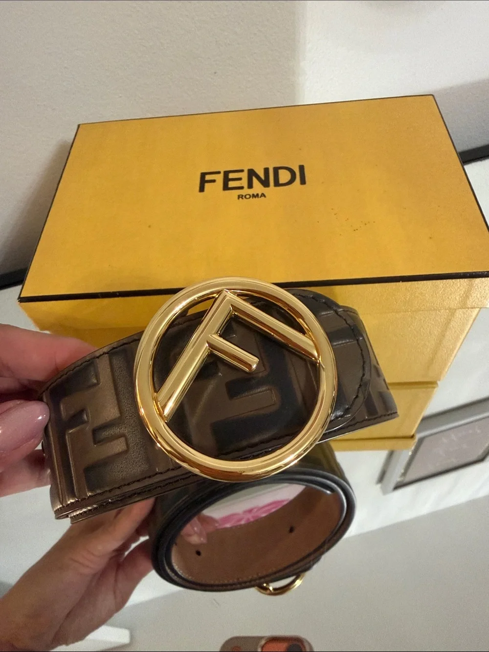 Fendi Brown Zucca Logo Belt with Gold F Buckle